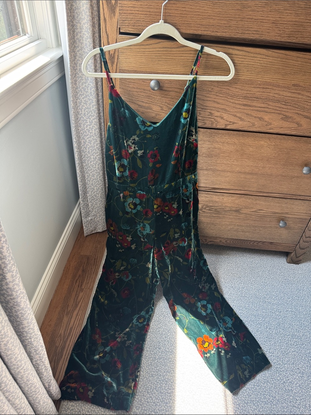 LOFT Emerald Floral Velvet Wide-Leg Jumpsuit